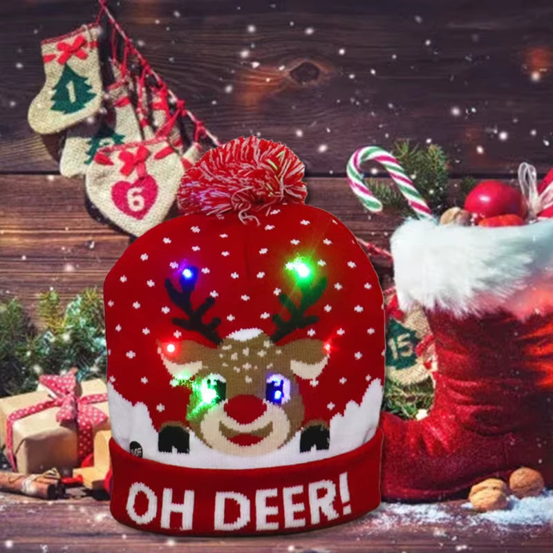 LED Christmas Hat Light up Knitted Colorful Lights Elk Ugly Hat Unisex Winter Sweater Beanie New Year Holiday Decor