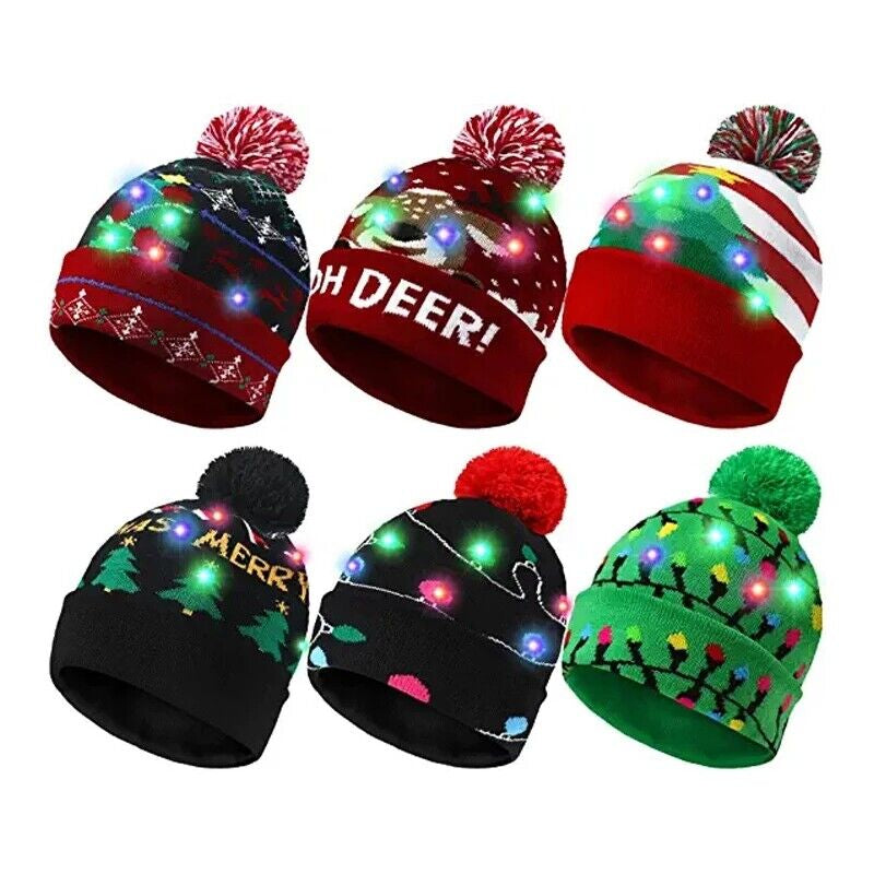 Cute LED Christmas Hat Light up Christmas Knitted Beanie Holiday Hat Warm Cap US